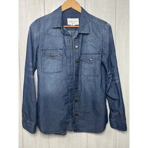 Sm Blue Women's Denim Shirt, Micro dot pattern Button up Collared Pocket, BCBG